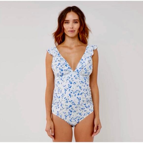 A Pea in the Pod Maternity Blue Floral Ruffle One-Piece Swimsuit Size Small - Picture 1 of 14